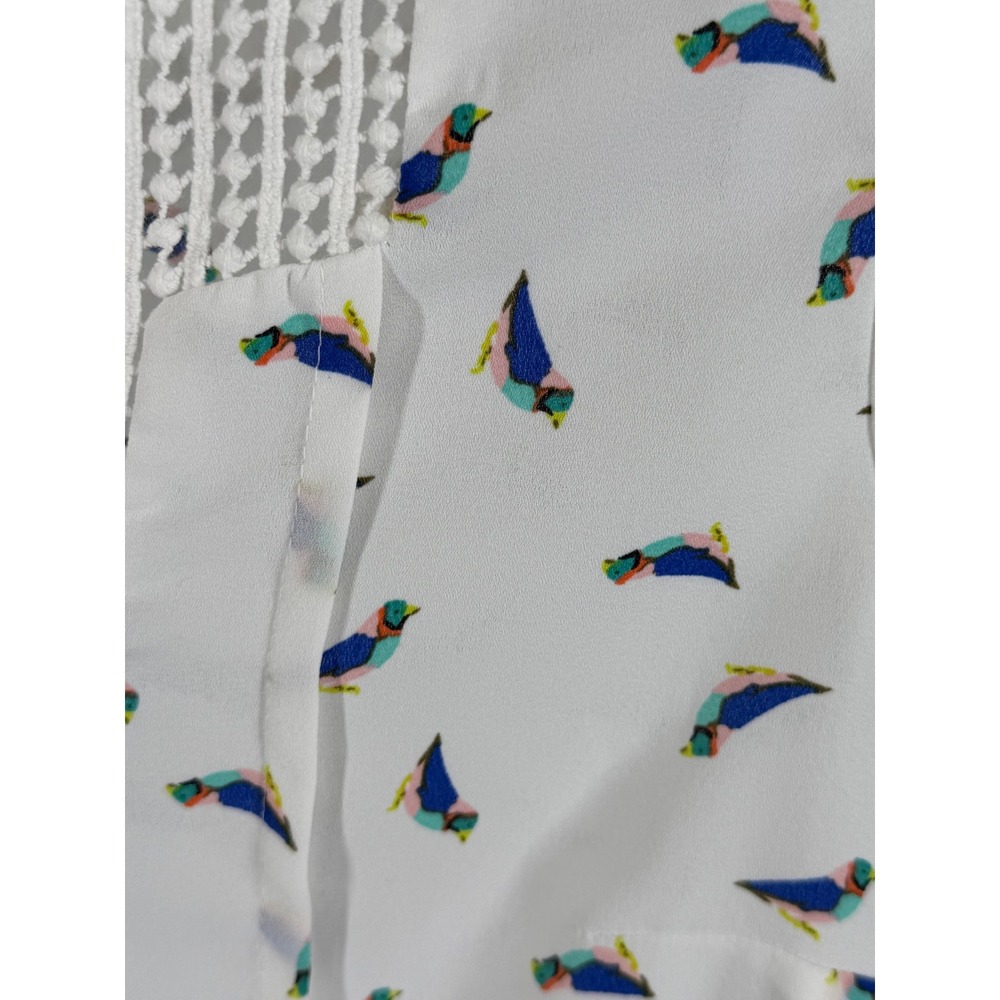 Daniel Rainn Bird Print Crochet Lace Pleated Sleeveless Blouse White Medium - Picture 3 of 8